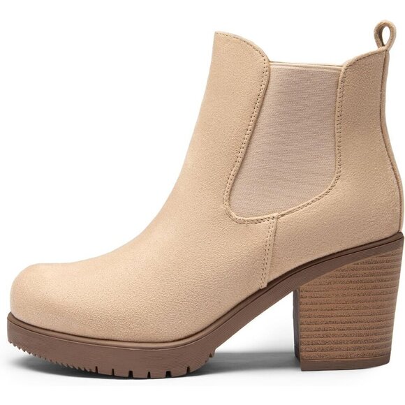 DREAM PAIRS Women's High Chunky Heel Nude-suede Ankle Boots - Picture 2 of 5